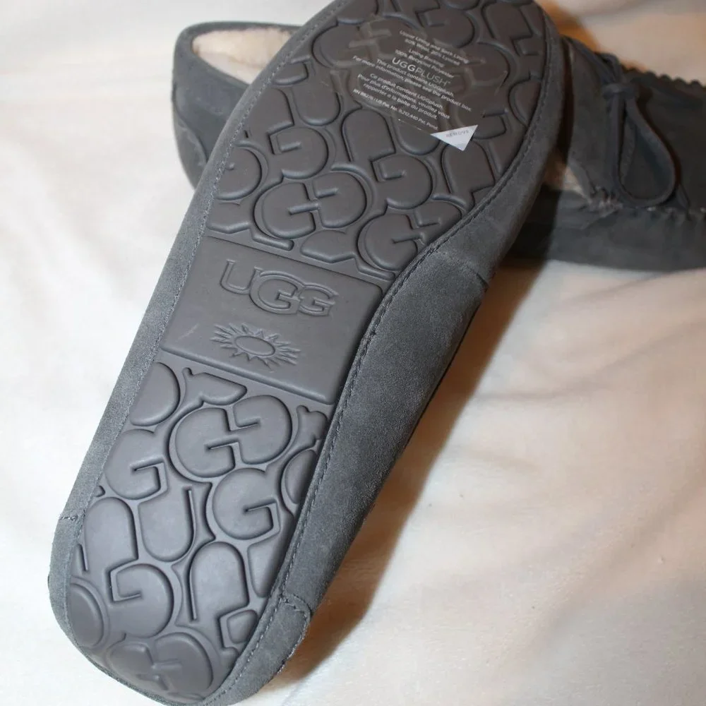 NIB UGG MEN'S‎ SLIP ON SUEDE SHEARLING TIE SLIPPERS GRAY
